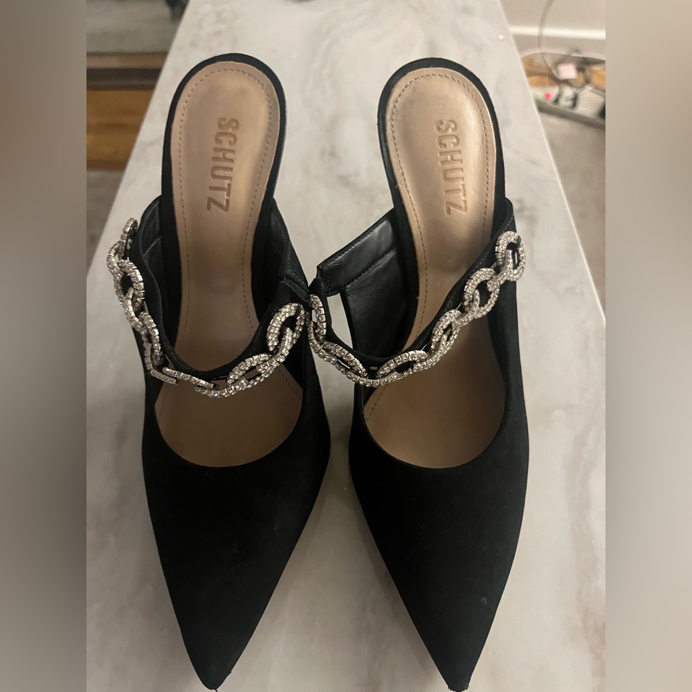 Schutz black mule heels with crystal detail